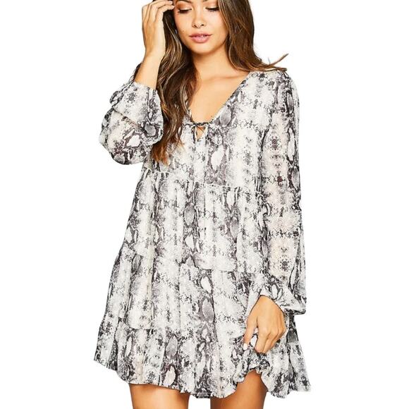 Altar’d State size M Snake Print Tiered Boho Long Sleeve Flowy Mini Dress - Picture 1 of 11